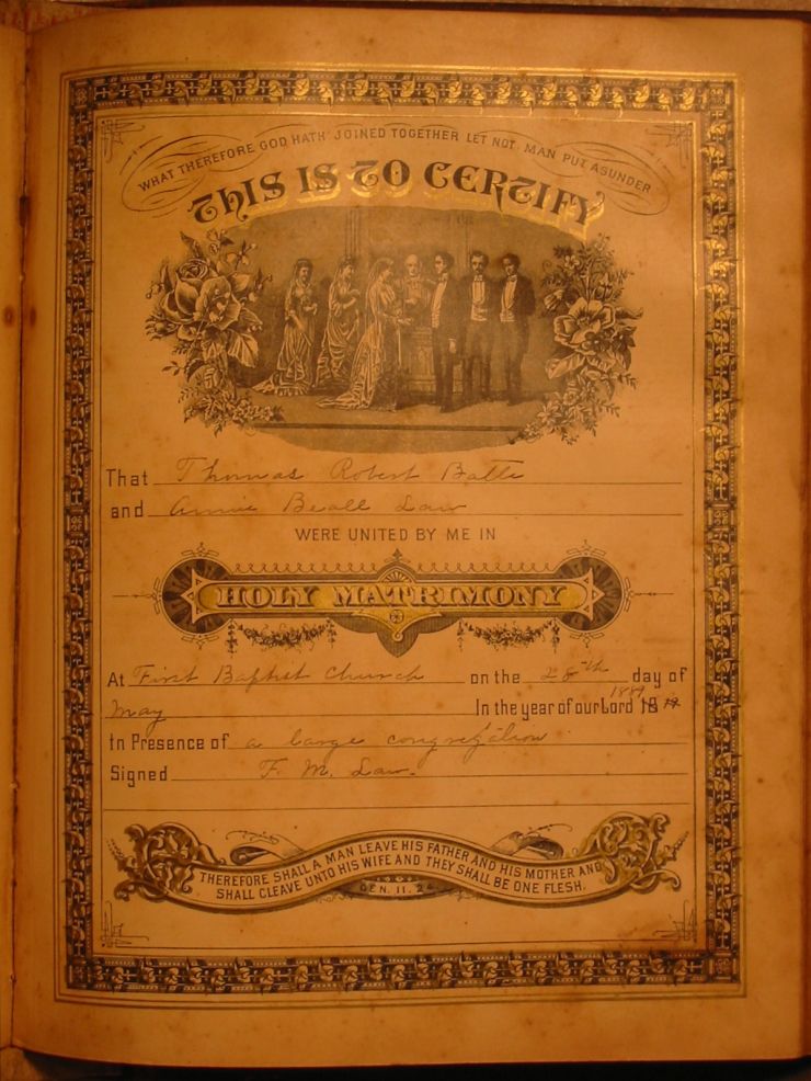 Batte Family Bible 1890 Marriage Certificate