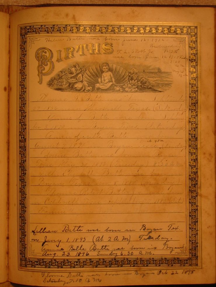Batte Family Bible 1890 Births