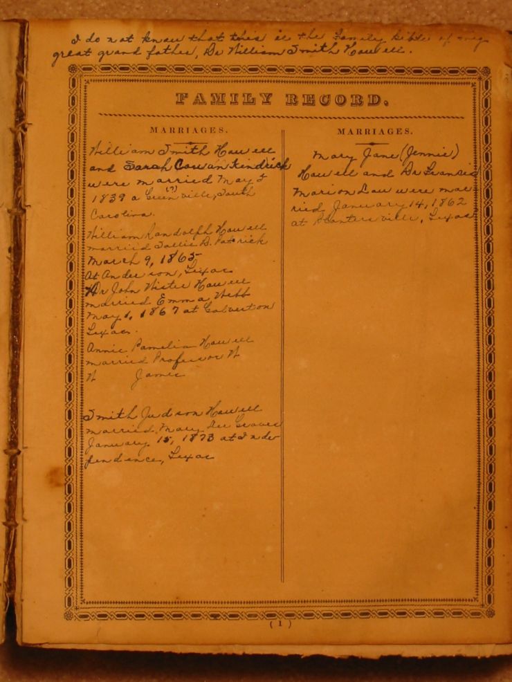 Howell Family Bible 1834 Marriages