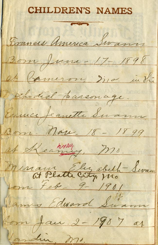 Texas Research Ramblers Bible Transcription Project: Swann Bible Children's Names