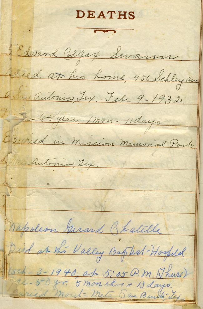 Texas Reserch Ramblers Bible Transcription Project: Swann Bible Deaths